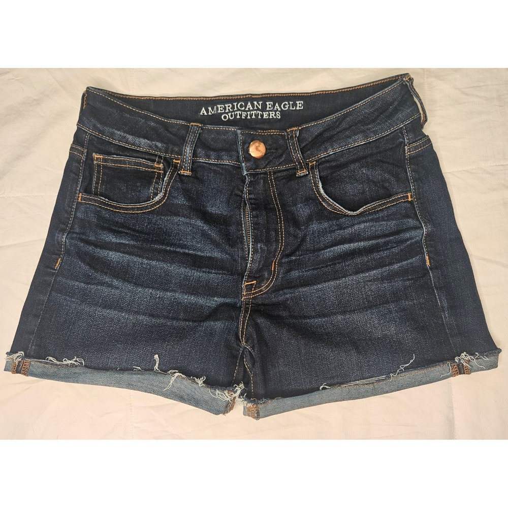 American Eagle Hi-Rise Shortie Jean Shorts Super Stretch Dark Wash Raw Hem Sz 8
